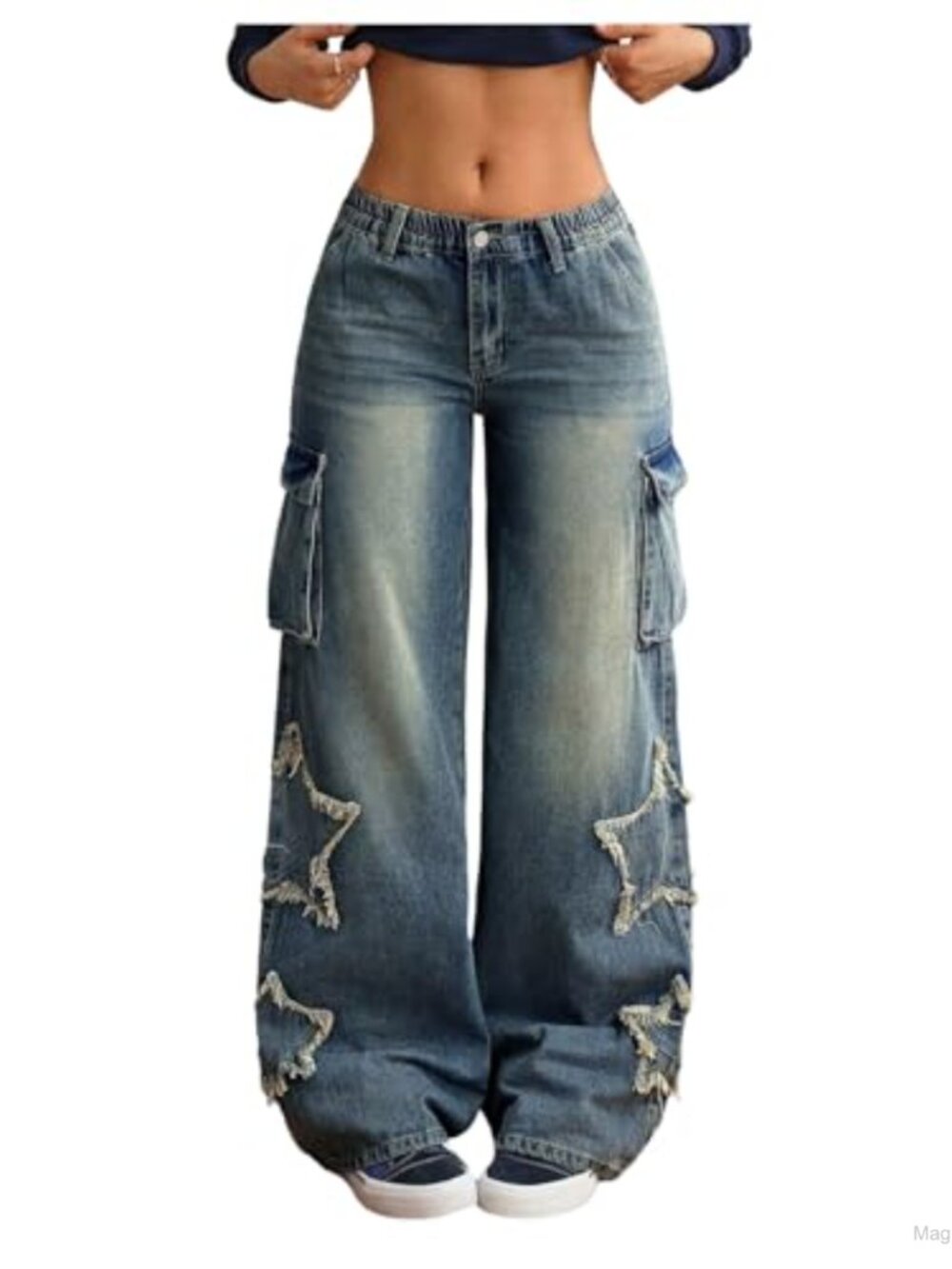 WDIRARA Women's Baggy Wide Leg Cargo Jeans Star Raw Hem Low Rise Denim Pants